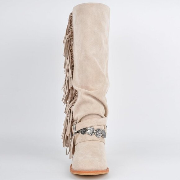 ⚡Women's Beide Suede Knee High Riding Boots Fringes Buckle Straps Chunky Heel - Picture 2 of 3